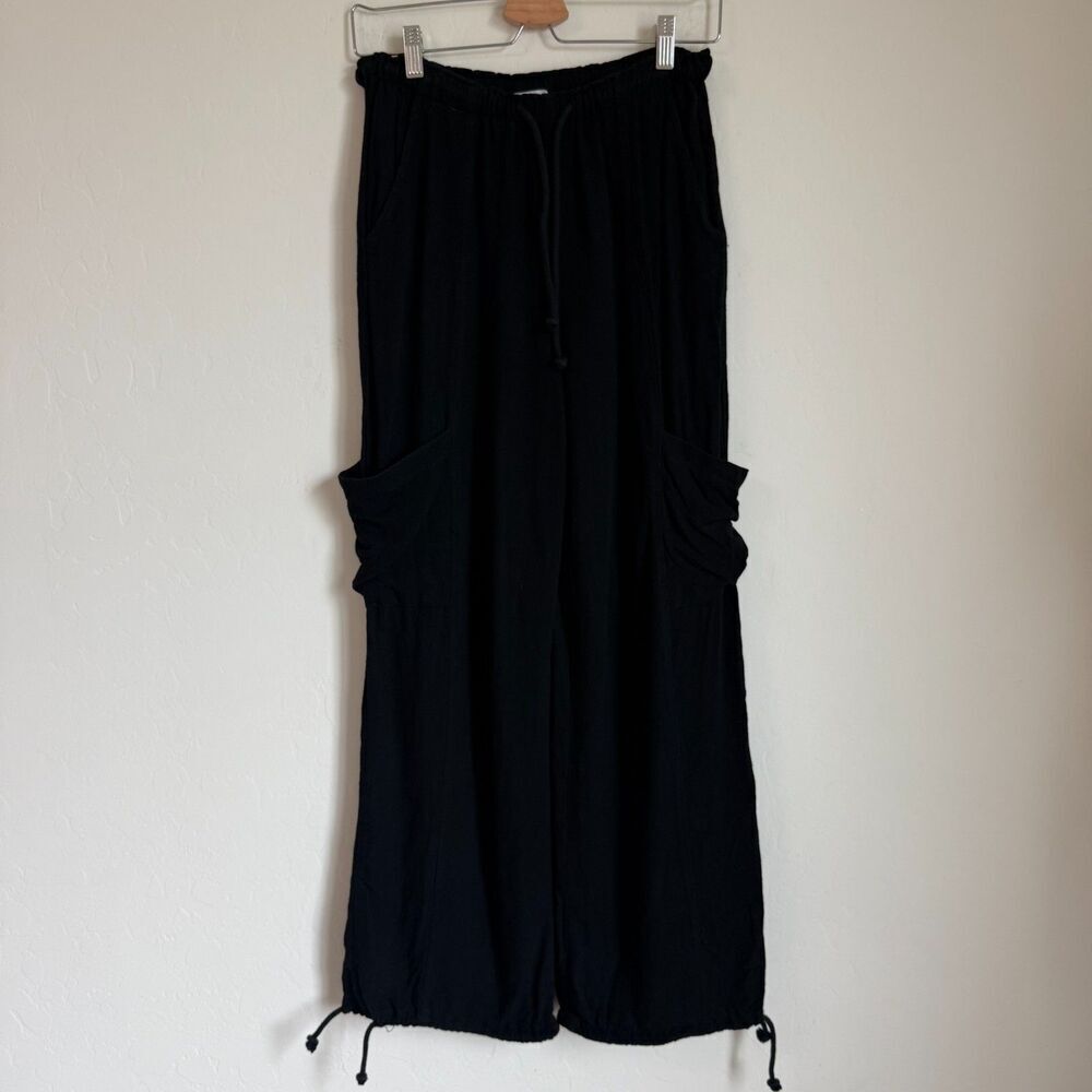 Talulah Small Black Linen Blend Pull On Wide Leg Adjustable Jogger Cargo Pants